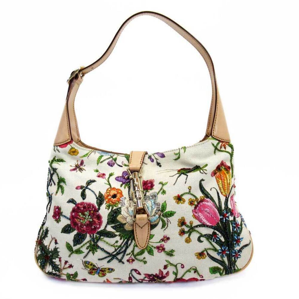 Gucci Jackie Floral Flower Shoulder Bag White Multicolor Canvas Leather Beads